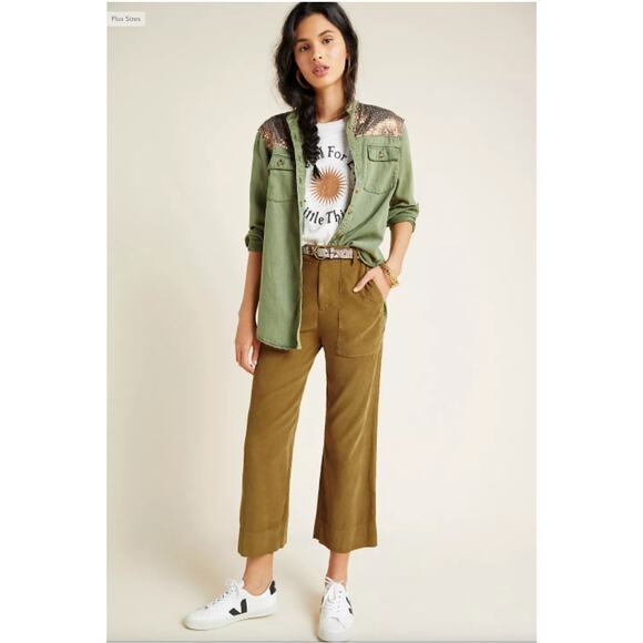 ANTHROPOLOGIE Army Green Sequined Cargo Button Down Shirt // 14 - Picture 14 of 14